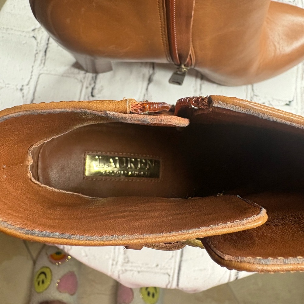 Lauren Ralph Lauren, Tan Ankle Booties with Sturdy Heel and Gold Buckles - Picture 2 of 6